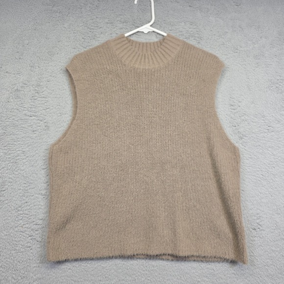 Old Navy Eyelash Sweater Vest Womens L Brown Mock Neck Minimalist Knit Soft Cozy - Picture 1 of 11